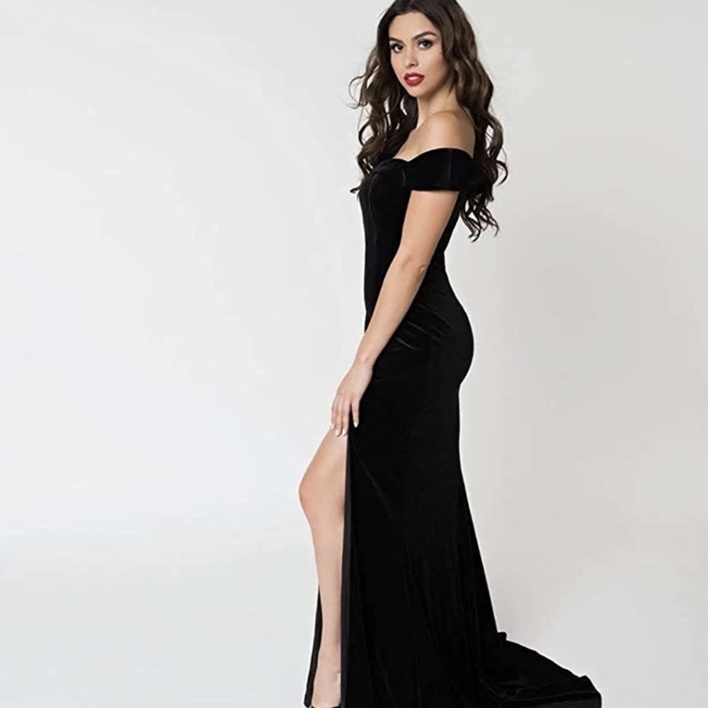 Black Velvet off the shoulder gown with train